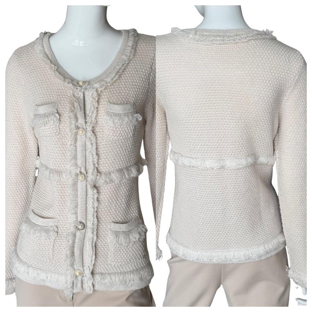 INC International Concepts Ivory Button Down Fringe Trim 4 Pocket Cardigan Sz L